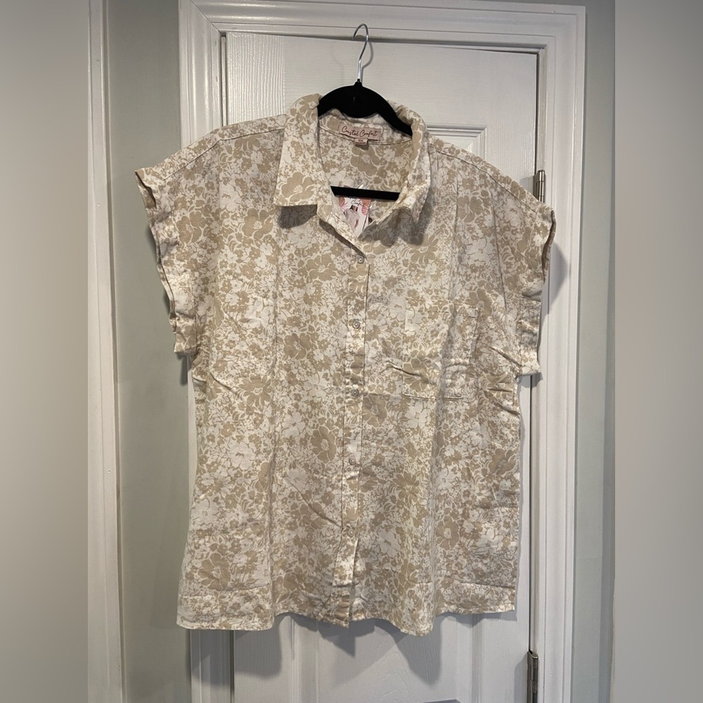 NWT Coastal Comfort Size XXL Tan Tropical Linen Short Sleeve Button Down Shirt